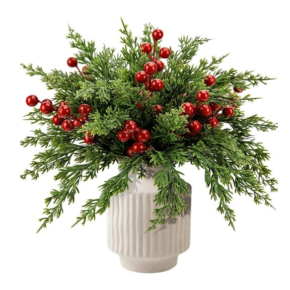 45 Pcs Christmas Artificial Pine Branches with Red Berry Stems,  Faux Evergreen Norfolk Pine Cypress Leaves Stems, Fake Foliage Pine Needles Picks for DIY Craft Garland Home Decor