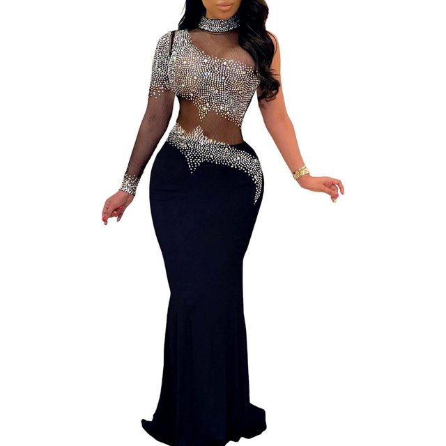 XINQIHANG Robe Moulante Sexy Élégante pour Femmes avec Strass, Robe de Soirée Longue