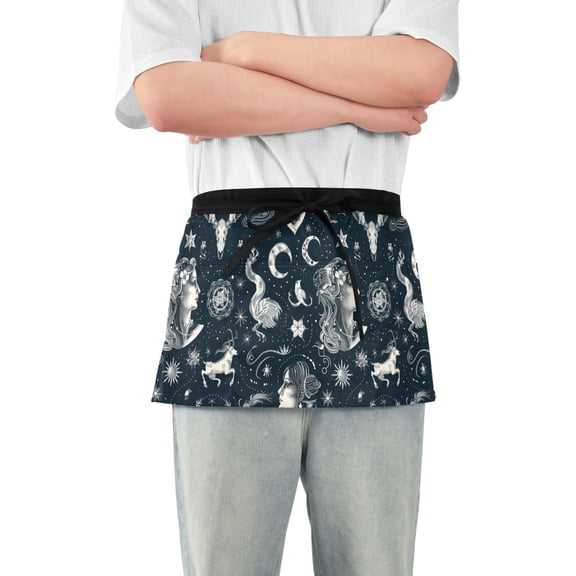 Zodiac Moon Girl Sun Server Apron with 3 Pockets Waterproof Waitress Waist Short Apron for Man Woman 12 Inches