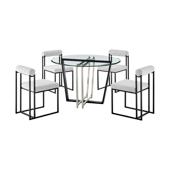 Devi Anastasia 5 Piece Round Glass Dining Table Set with Light Gray Fabric