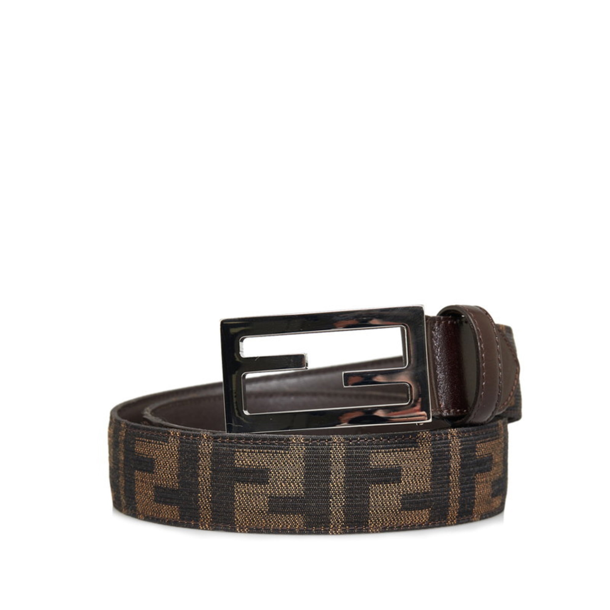 Pre-Owned FENDI ZUCCA FF BUCKLE BELT 42 BROWN CANVAS LEATHER  display picture 2