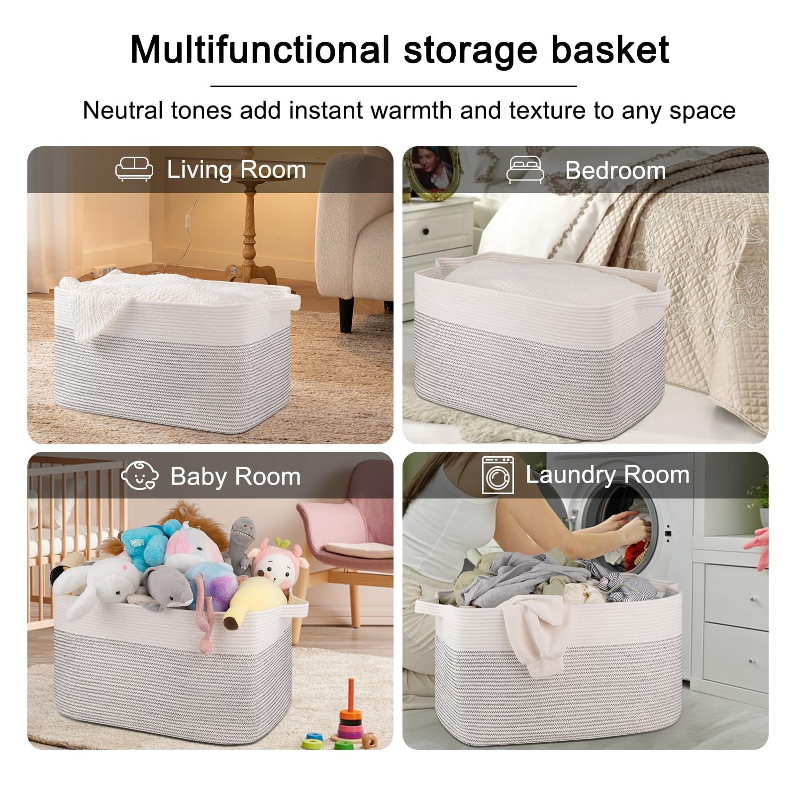 Extra Large Blanket Basket, 95L Woven Storage Basket, Cotton Rope Toy Bin for Baby Room, Container for Storage in Living Room, 24''×17''×14'', Black & White