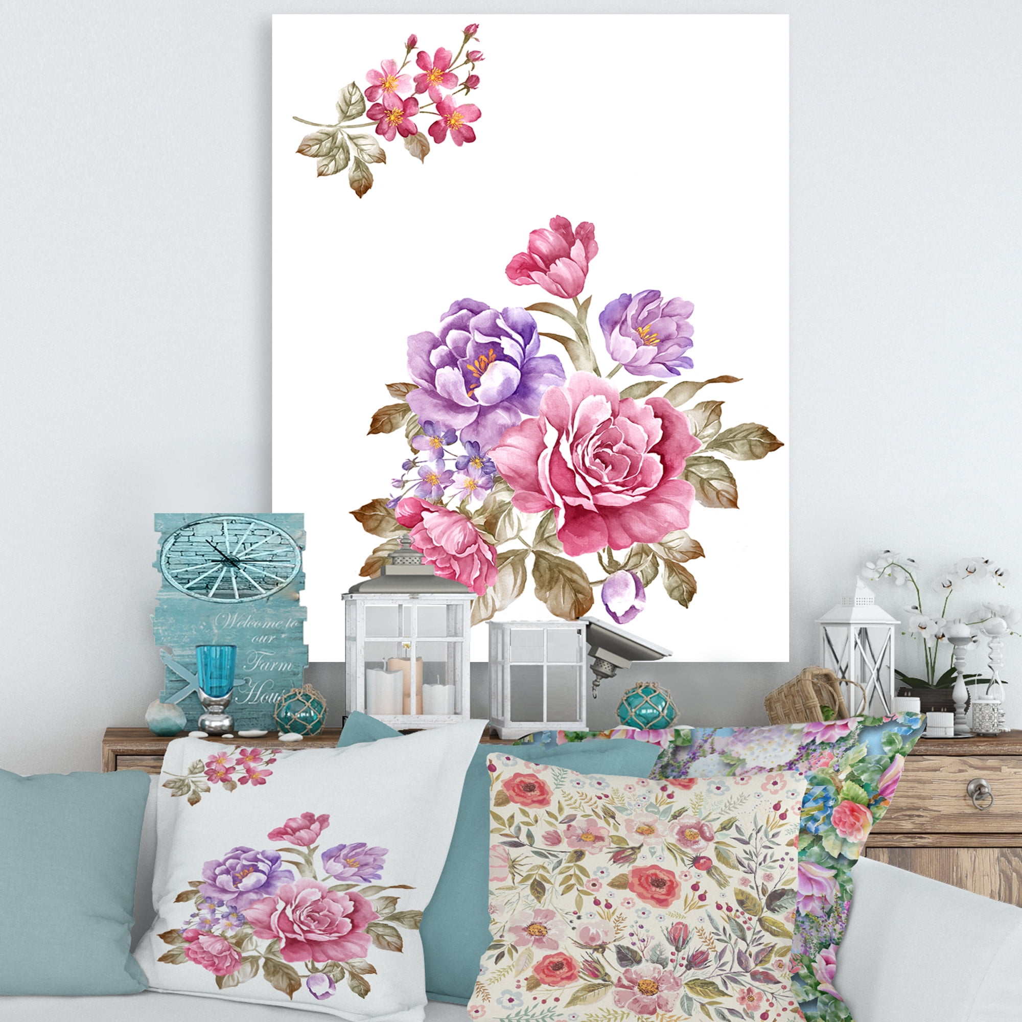 Bouquet of Purple and Pink Flowers I 12 in x 8 in Painting Canvas Art Print, by Designart