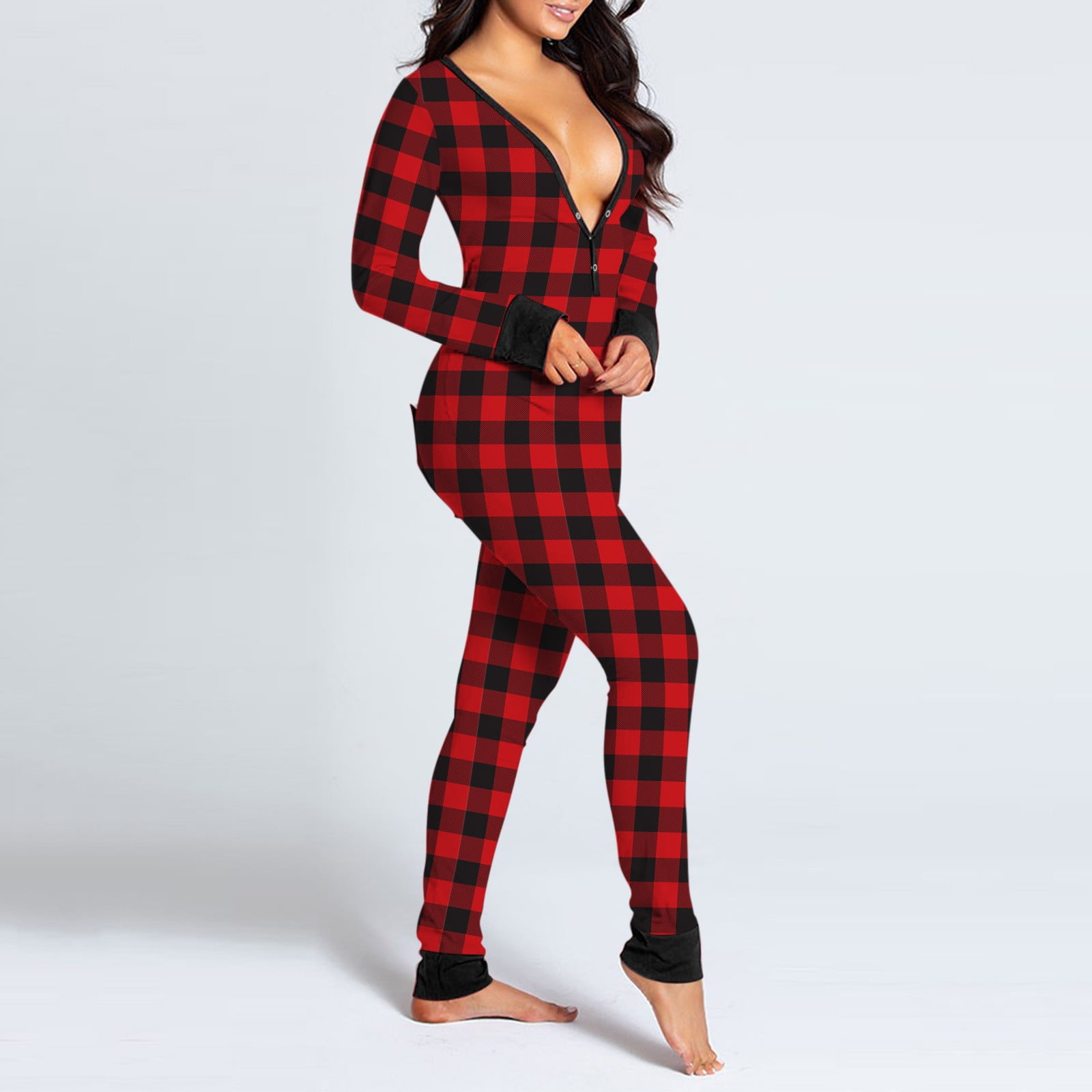 TopLLC Womens Sexy Onesies Pajamas Butt Flap Ladies Sexy Jumpsuits Plaid Print Pajamas Comfy Fleece Warm Sleepwear Butt Flap Adults Jumpsuits Rompers Overalls Walmart