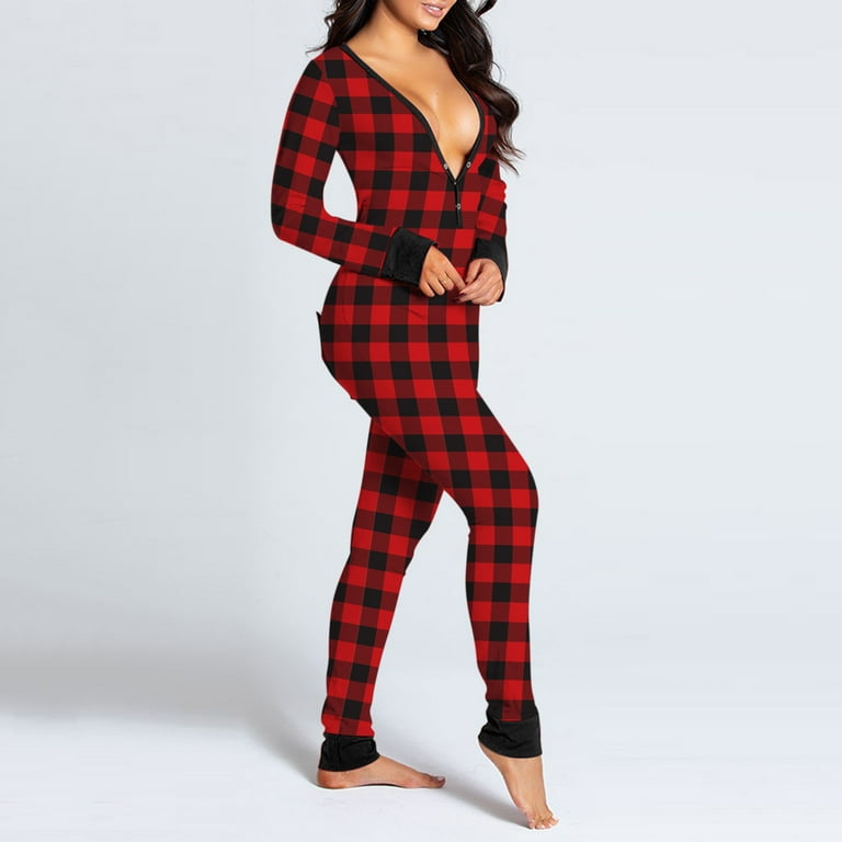 Purcolt Women s Plus Size Adult PJs Sexy Onesie Pajamas Booty Onesies Button Down Bodysuit Plaid Long Sleeve Romper Walmart