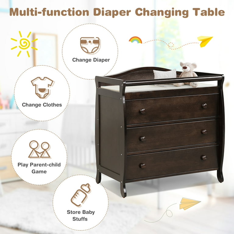 Costway 3 Drawer Baby Changing Table Infant Diaper Changing Station w/  Safety Belt Brown