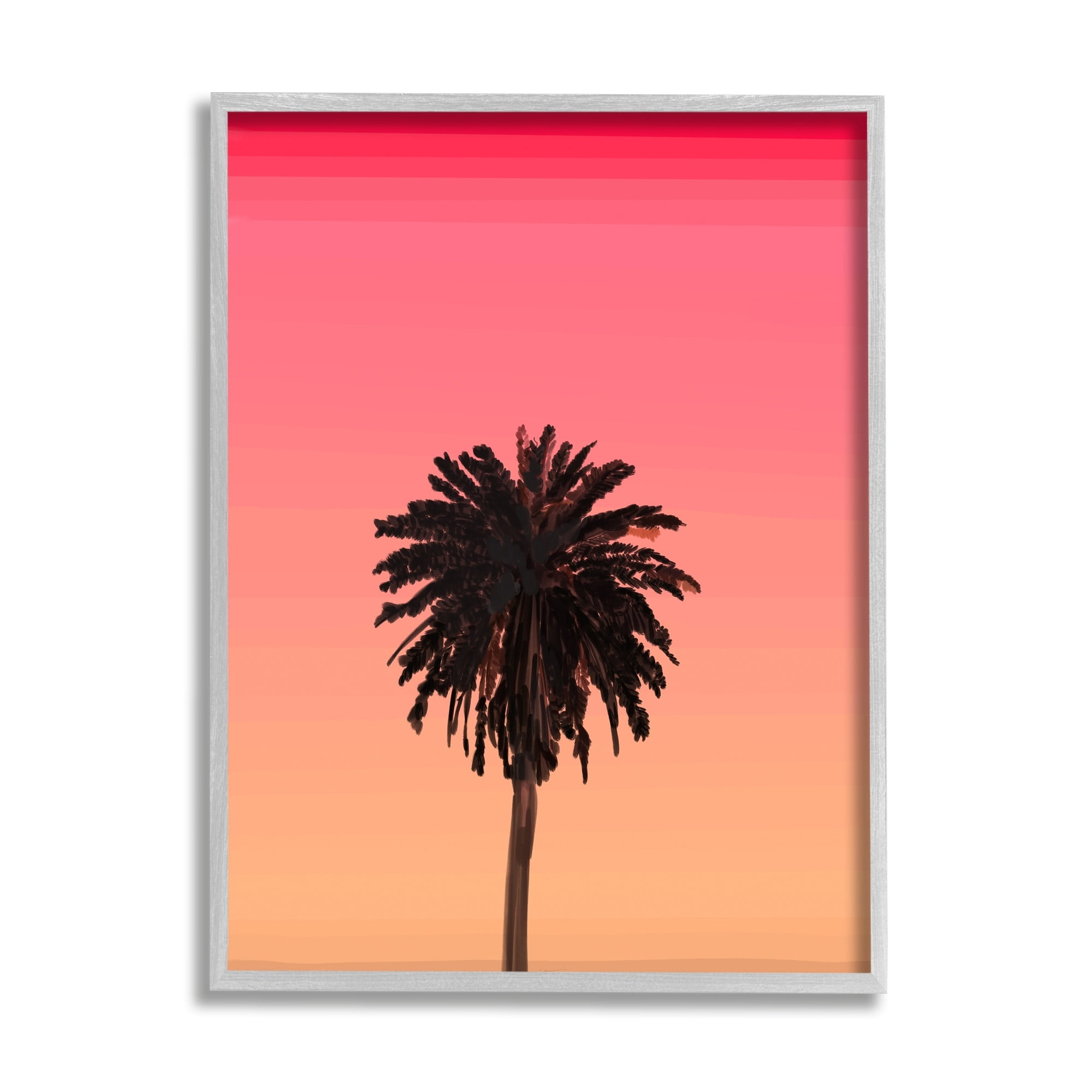 Stupell Industries Vivid Red Sky Palm Tree Silhouette Coastal Painting Gray Framed Art Print Wall Art
