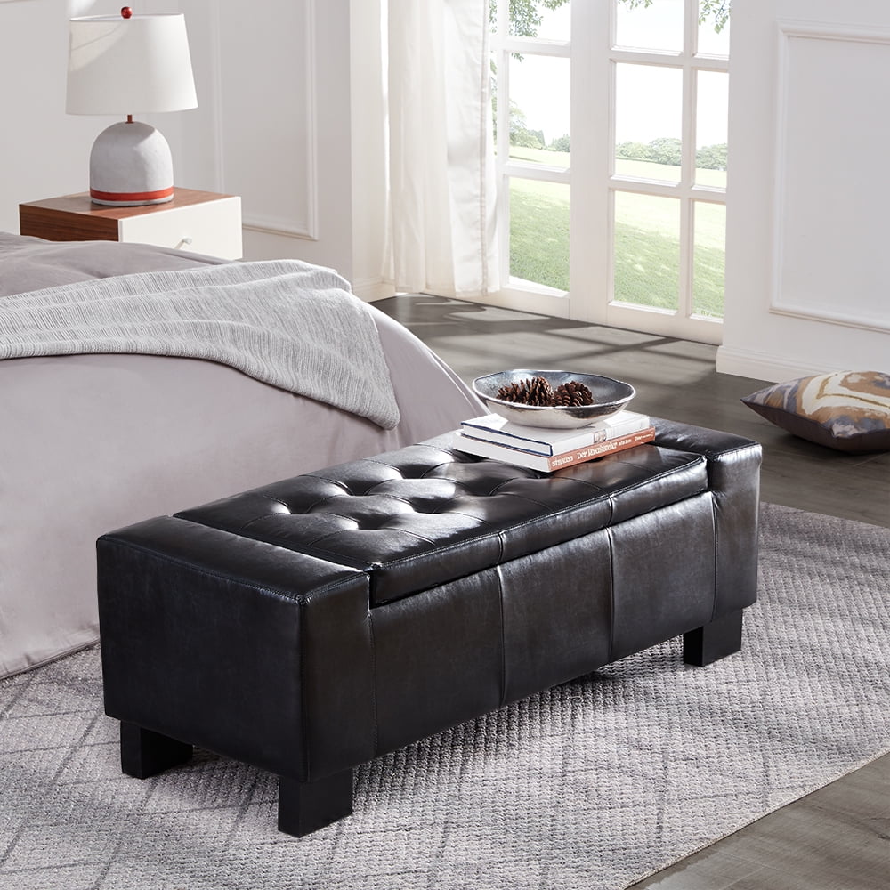 Belleze 50 Storage Ottoman Bench Black, Large Square Leather Ottoman With Storage