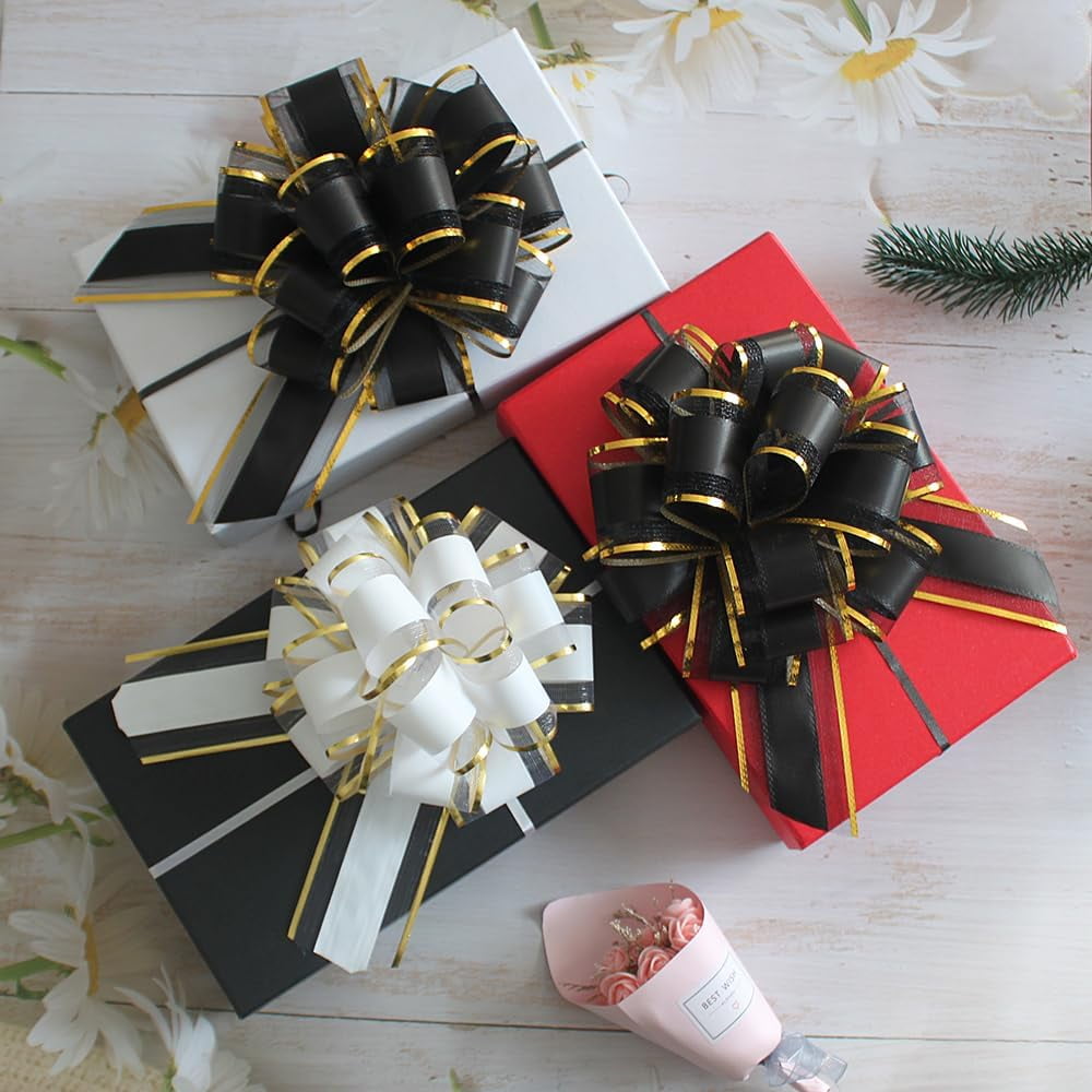 6 Pieces Black Bows for Gift Wrapping Pull Bow Ribbon Christmas Wedding Baskets Valentine's Day inch (Black)