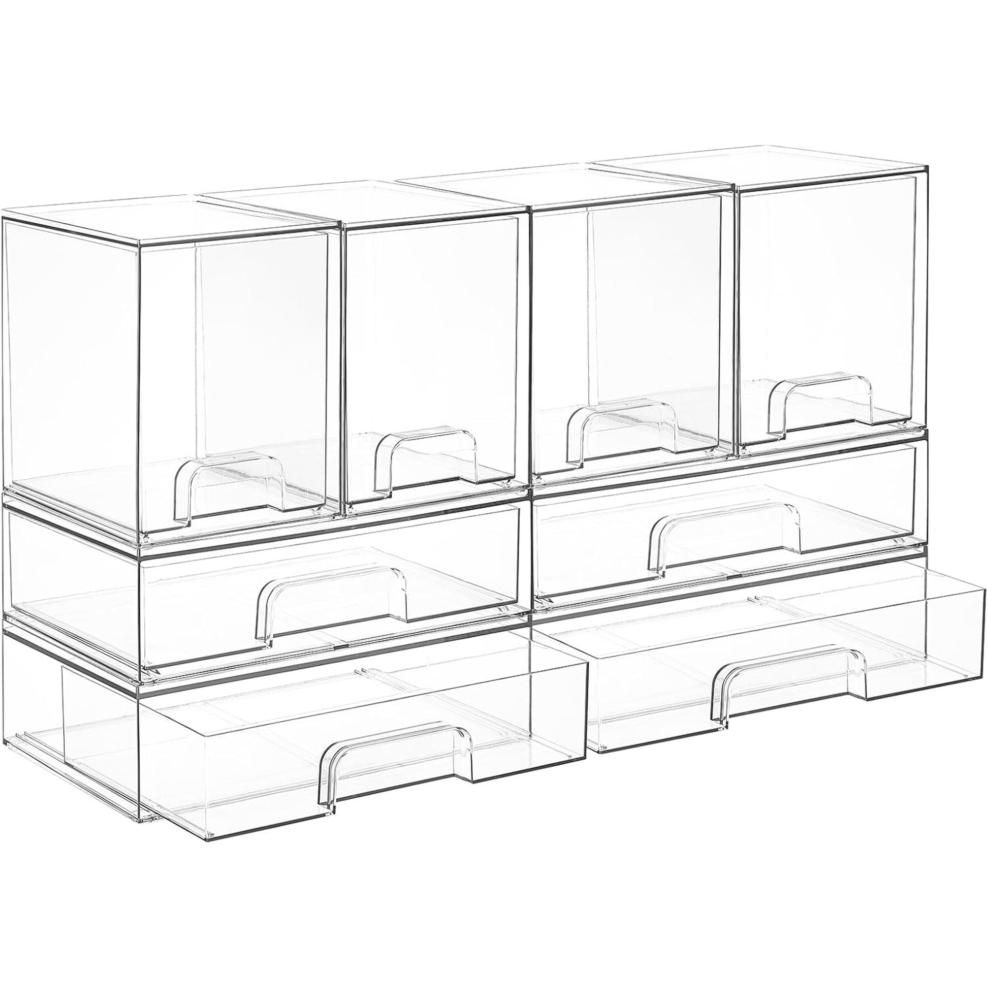 PETGLE Clear Stackable Storage Drawers Set of 8 Plastic Organizer Bins | Multi-purpose Boxes for Baby Bottle Storage Ideal for Kichen Vanity Bathroom Undersink Cabinet Pantry Organization