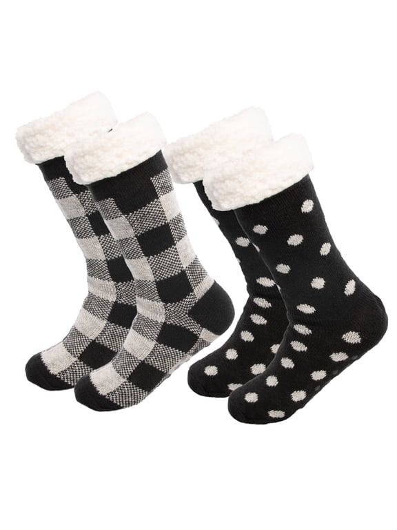 Treehouse Knit (2 Pack) Colorful Womens Thick Knit Winter Sherpa Fleece Slipper Socks Grippers