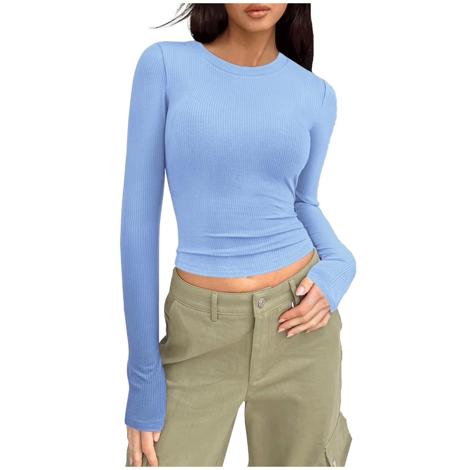Timegard Going out Tops for Women Long Sleeve Crew Neck T Shirts Solid Color Slim Fitting Basic Blouses
