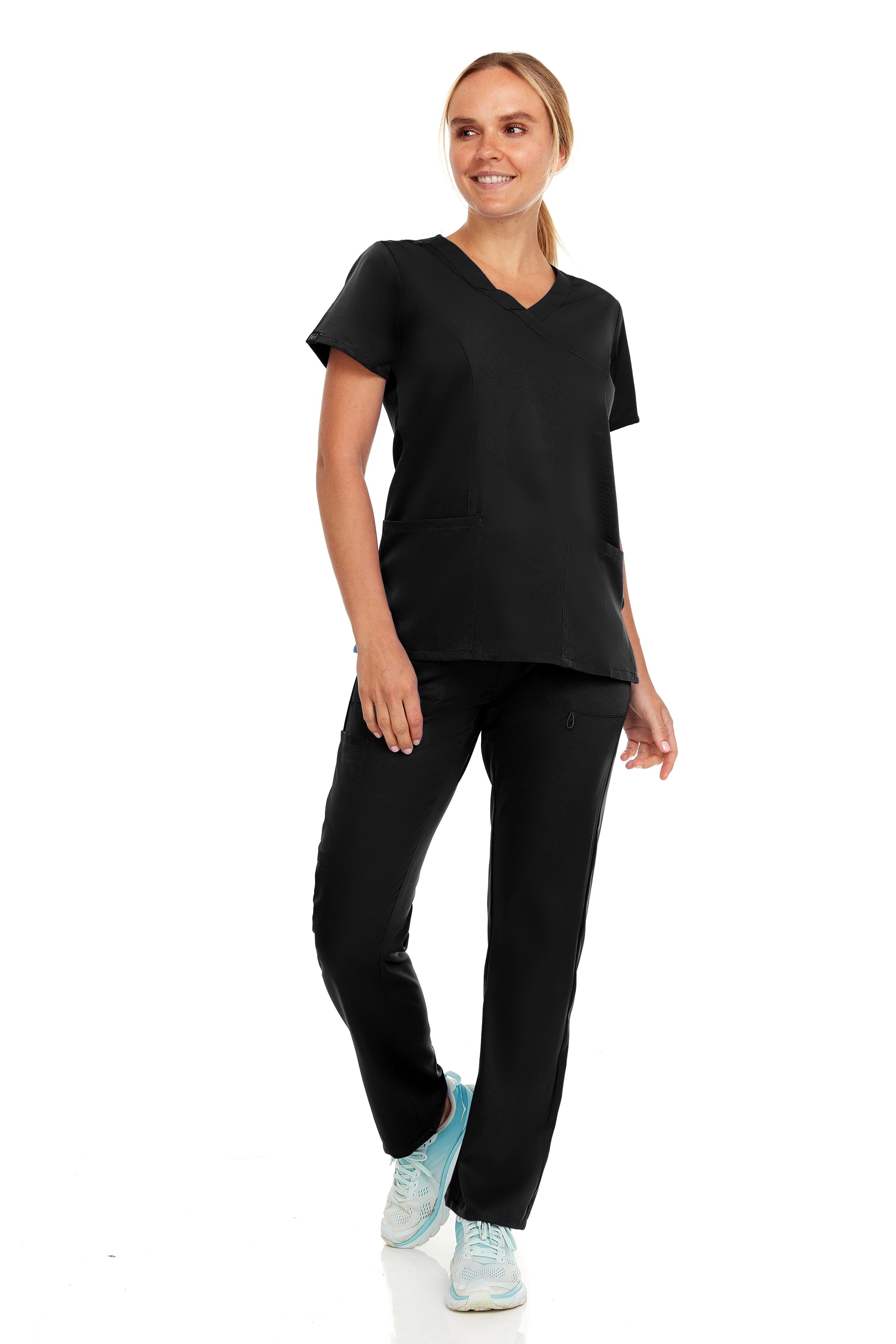 Womens Stretch Colorful Cargo Mock Neck Scrubs Set, Medical Nursing Tops with Four Pocket Scrubs Straight Leg Pants