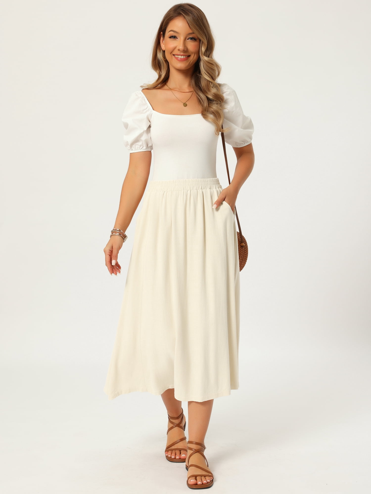 DARING DIVA Women's Flowy High Waist A-Line Midi with Pockets Skirt Medium Beige