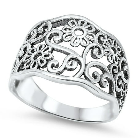- Women's Flower Filigree Cutout Fashion Ring ( Sizes 4 5 6 7 8 9 10 11 12 13 ) .925 Sterling Silver Band Rings by Sac Silver (Size 8)