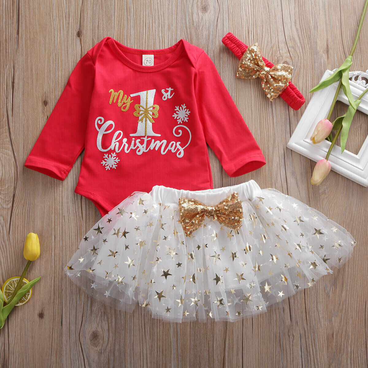 Calsunbaby - 3PCS Newborn Baby Girl My 1st Christmas Romper Bow Tutu Dress Outfits Clothes 