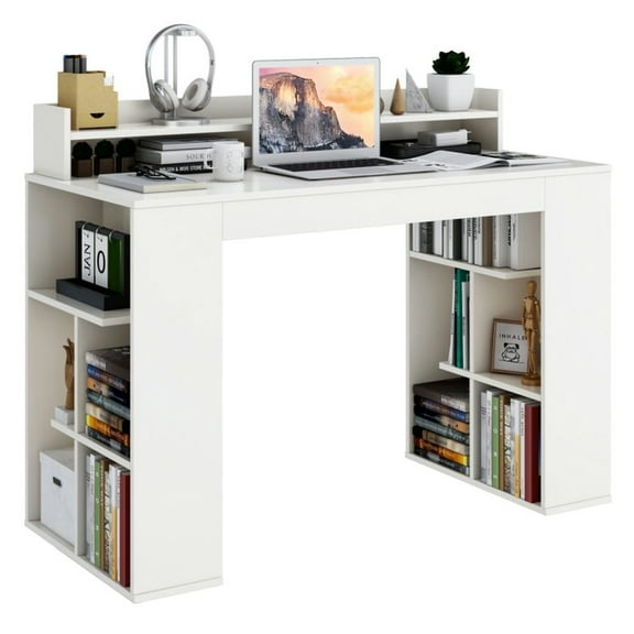 Demi Bonn Office Computer Desk with Dual 3 Tier Bookshelf and Monitor Shelf, Small Home Office Desk Study Writing Table, White