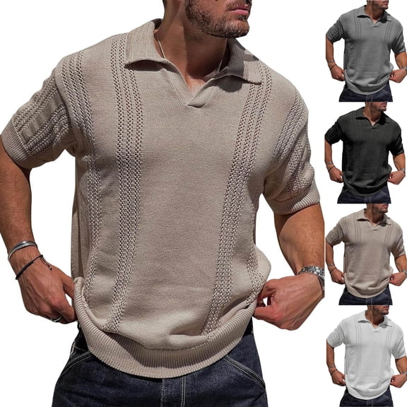 Agkizg Men Knitted Shirts Solid Color Short Sleeve Turn Down Collar Tops Casual Lightweight Soft Comfortable Daily Wear