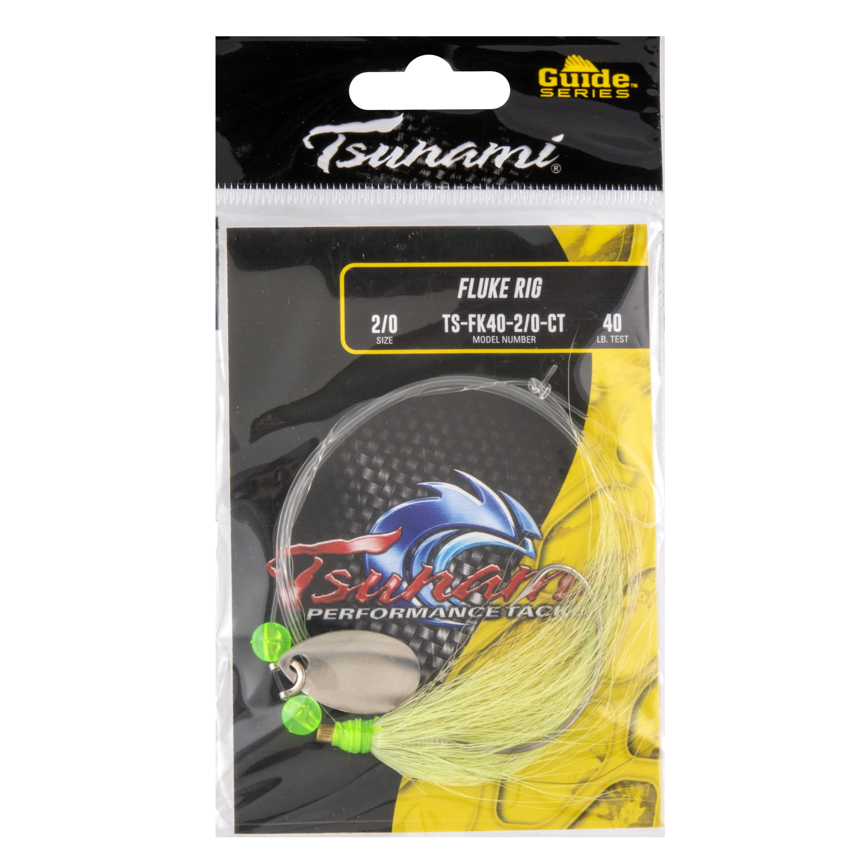 (2 pack) Tsunami Fluke Killer Fishing Rig – 2/0 Hook, Chartreuse Tail, 40 lb. Leader