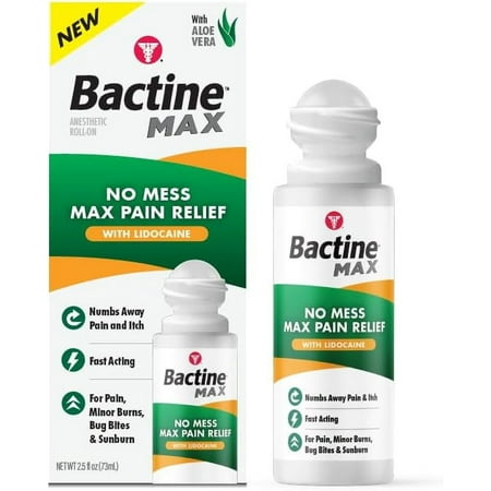 Bactine Max No-Mess Roller Ball with 4% Lidocaine - Pain + Itch Relief from Poison Ivy, Bug Bites, & Sunburn - 2.5 oz.