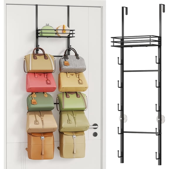 Over The Door Purse Organizer - Wall Mounted Purse Rack with 10 Hooks and Metal Basket, Hanging Handbag Organizer Holds up to 10 Bags, Bag Rack Can Use As 1/2 Part, for Door, Closet (Black)