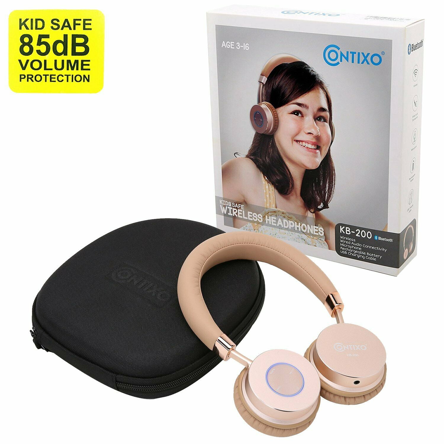 Contixo Kids Headphones, Over-The-Ear Wireless Headphones with 85dB Volume Limit, Ages 3-9, Gold