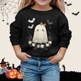 thumbnail image 2 of Krdevn Kids Lace Hem Ghost Bow Floral Leaf Bat Graphic Crewneck Sweatshirt Long Sleeve Casual Pullover Top for Halloween Holiday Outfit Black,9-10 Years, 2 of 4