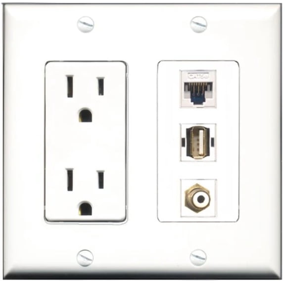 RiteAV - 15 Amp Power Outlet 1 Port RCA White 1 Port USB A-A 1 Port Cat5e Ethernet White Decorative Wall Plate