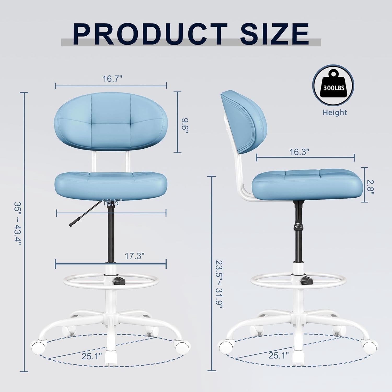 Drafting Chair, Armless Tall Office Chair with Footrest Ring for Standing Desk, Small Faux Leather Executive Computer Chair with Adjustable Height for Bar Lab Counter Height Desk, Blue