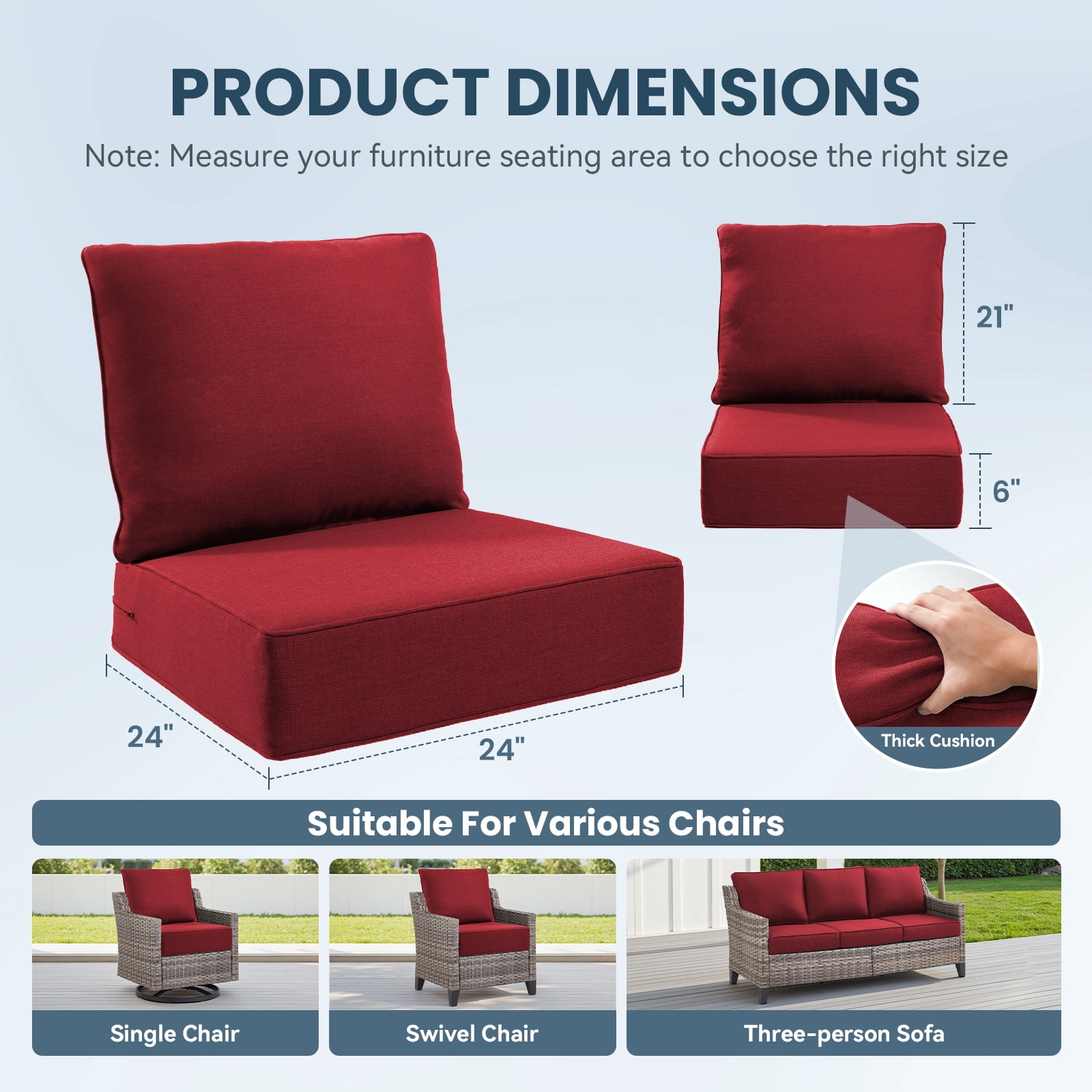 Jentlehouse Outdoor Deep Seat Cushion 24" X 24" X 6" for Patio Furniture,Outdoor Chair Cushions Water & Fade Resistant Patio Furniture Cushions for Wicker Chair, Sofa, Couch, Red (Set of 3)