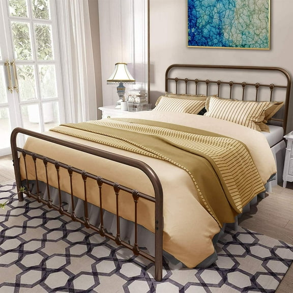 Queen Size Metal Bed Frame Platform with Headboard and Footboard Brown Finish