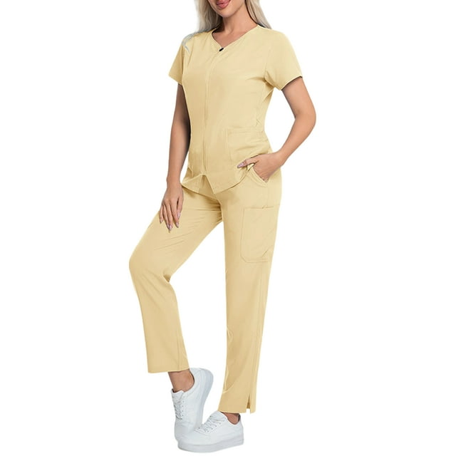 Ensemble de Blouses Médicales pour Femmes, Ensemble de Costume de Protection à Manches Courtes et Couleur Unie Confortable et Décontracté pour Femmes Beige