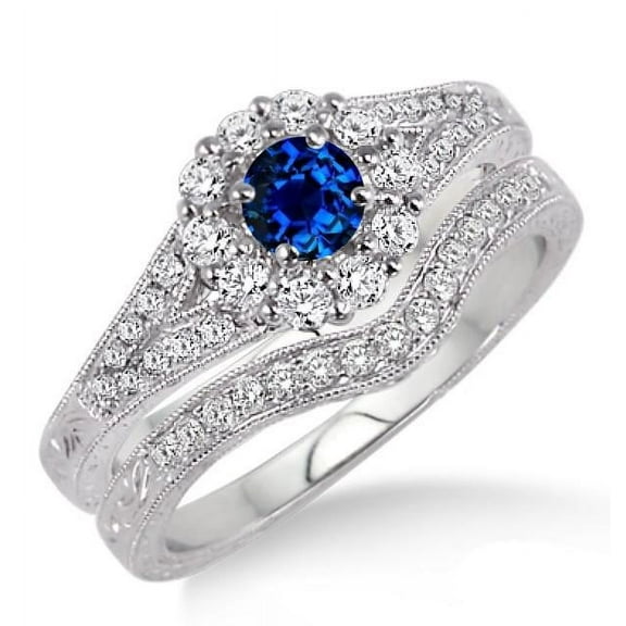 2.25 Carat 6mm Round Cut Blue Sapphire And Moissanite Diamond Wedding Ring Antique Floral Bridal Set On 10K White Gold, Promise Ring, Anniversary Ring
