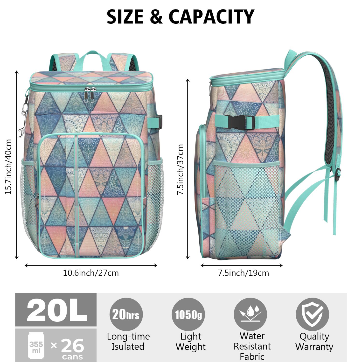 Travel Cooler Bag - Boho Bohemia Pioneer Flower Geometric Line Art Camping Beer Cooler Backpack with Bottle Opener- Waterproof Insulated Picnic Backpacks - Cooler Bag for Beach