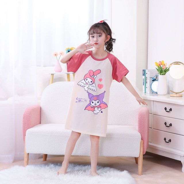 Camisón de algodón Kawaii Sanrios, lindo Anime MyMelody Kuromi Cinnamoroll, pijamas para niños, ropa de casa de manga corta con dibujos animados de verano
