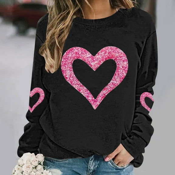 BEFOKA Womens Graphic T Shirts Long Sleeve Valentine'S Day Crew Neck Sweatshirts Love Heart Printed Ladies Tops And Blouses Going Out Tops Pullover Sweatshirts Graphic T-Shirts Trendy Tunic Outfits