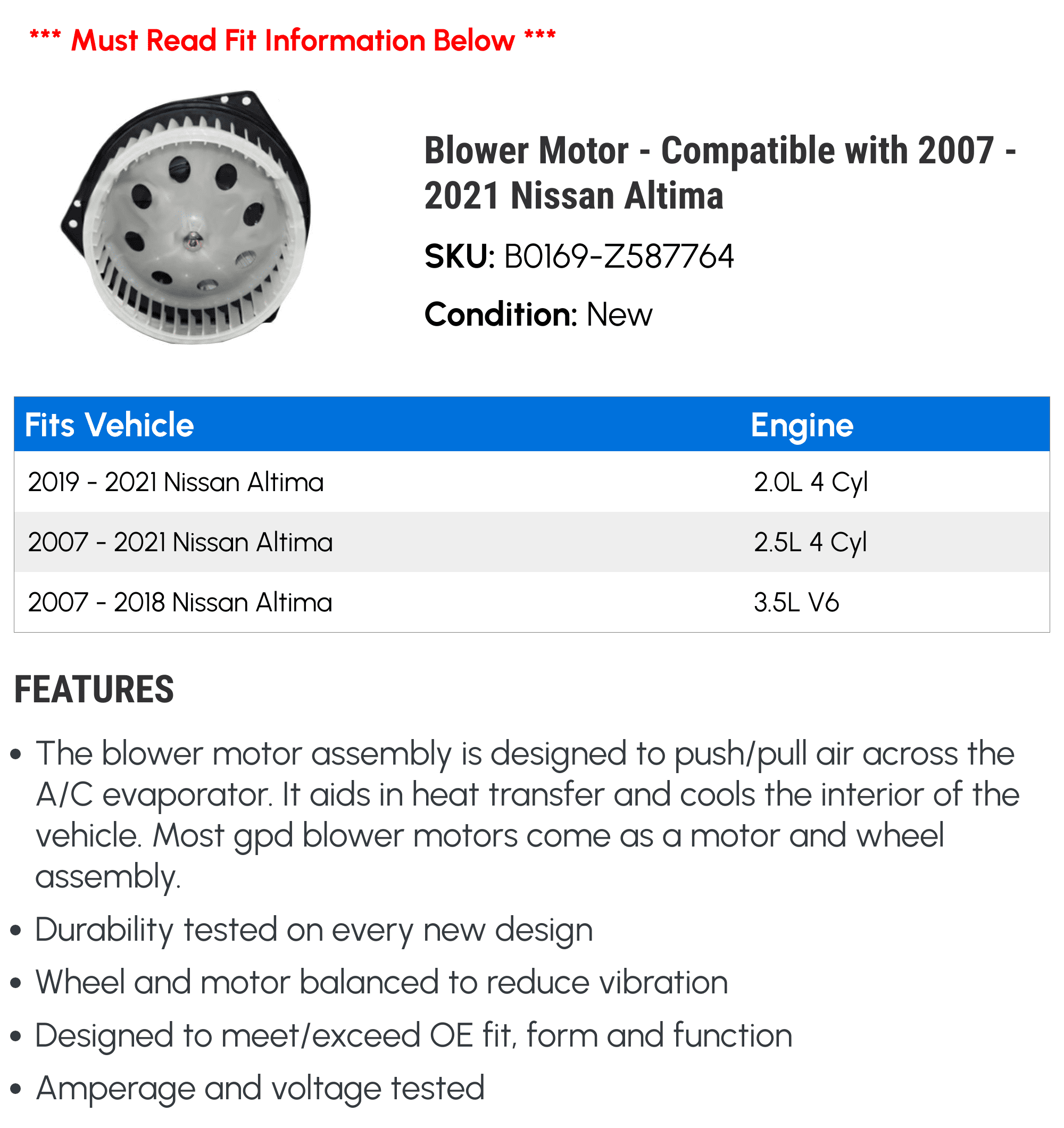 Blower Motor - Compatible with 2007 - 2021 Nissan Altima 2008 2009 2010 2011 2012 2013 2014 2015 2016 2017 2018 2019 2020