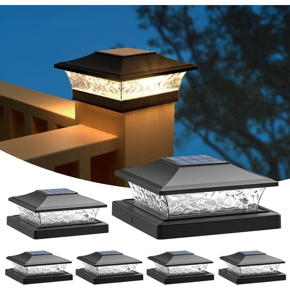 APONUO Solar Post Cap Lights 6 Pack for 4x4 5x5 6x6 Wood & Vinyl Fences - IP65 Waterproof, All-Night Auto On/Off, Warm/Cool White Light, Outdoor Deck Patio Garden (Black)