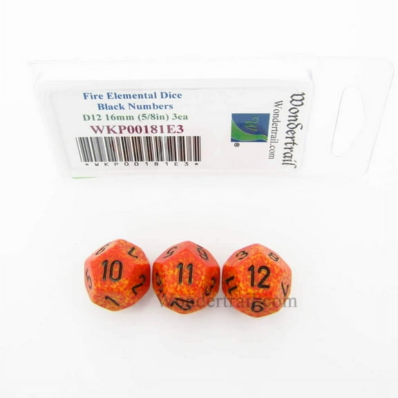 Fire Elemental Dice with Black Numbers D12 Aprox 16mm (5/8in) Pack of 3 Wondertrail