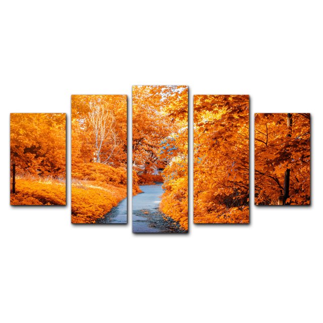 Juego de Cuadros Decorativos, Paisaje de Otoño Naranja, Estilo Bosque Vibrante, 5 Piezas, Ideal para Salas y Estancias, 150x80cm
