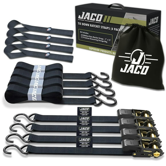 Jaco Sangles d'Arrimage à Cliquet - 1 Pouce X 15 Pi (Lot de 4) / 1 823 Lb (Noir)