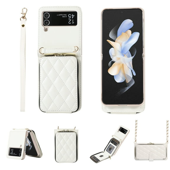 Crossbody Wallet Case for Samsung Galaxy Z Flip4 Chain Lanyard & Wrist Hand Strap Case with Card Slots Zipper Pocket Kickstand, Skin-Feel PU Leather Shockproof Cover, White