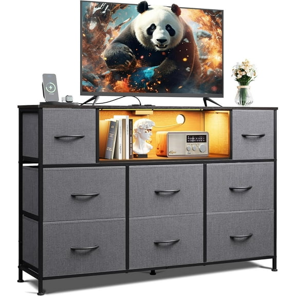 ZHIBO Grey TV Stand for 45-55 inch TVs, Entertainment Center with LED Lights & Charging Station, Media Console with 8 Fabric Drawers, for Living Room