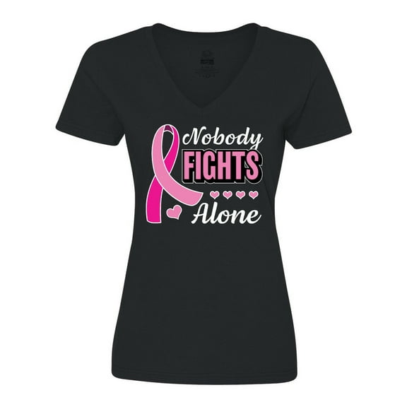 Inktastic Breast Cancer Awareness Nobody Fights Alone Pink Ribbon Women's V-Neck T-Shirt