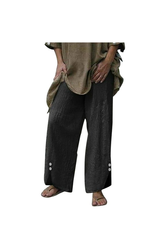 Women Ribcage Straight Ankle Pants Full Length Pants Fashion Women Loose Solid Color Casual Wide Leg Split Buttons Pants Trousers Ladies Ease into Comfort Pants