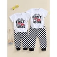 thumbnail image 2 of Aojekbee Baby Boys Birthday Outfit Summer Racing Car Print Short Sleeve T-Shirt and Checkerboard Pants Cute Clothes Set, 2 of 3