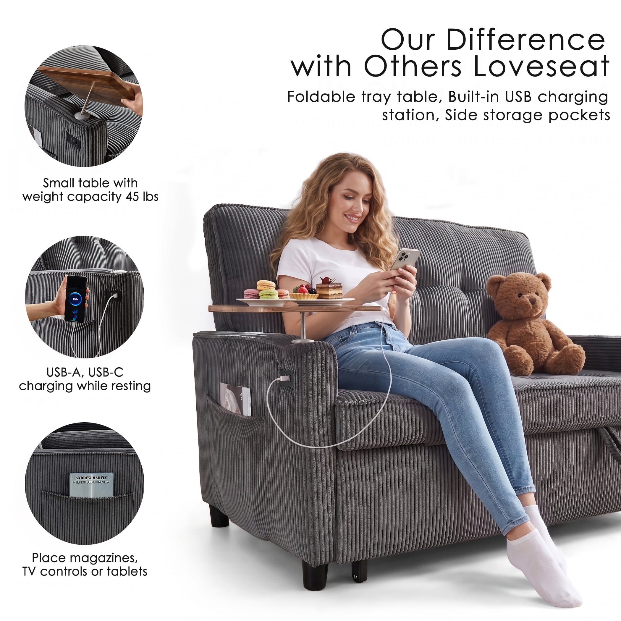 AISWORD 55" 3-in-1 Convertible Sleeper Sofa Bed, Pull Out Loveseat Couch with Side Tray Table & USB Charging Port, Adjustable Backrest Sofa for Apartment, Bedroom, Office, Dark Gray