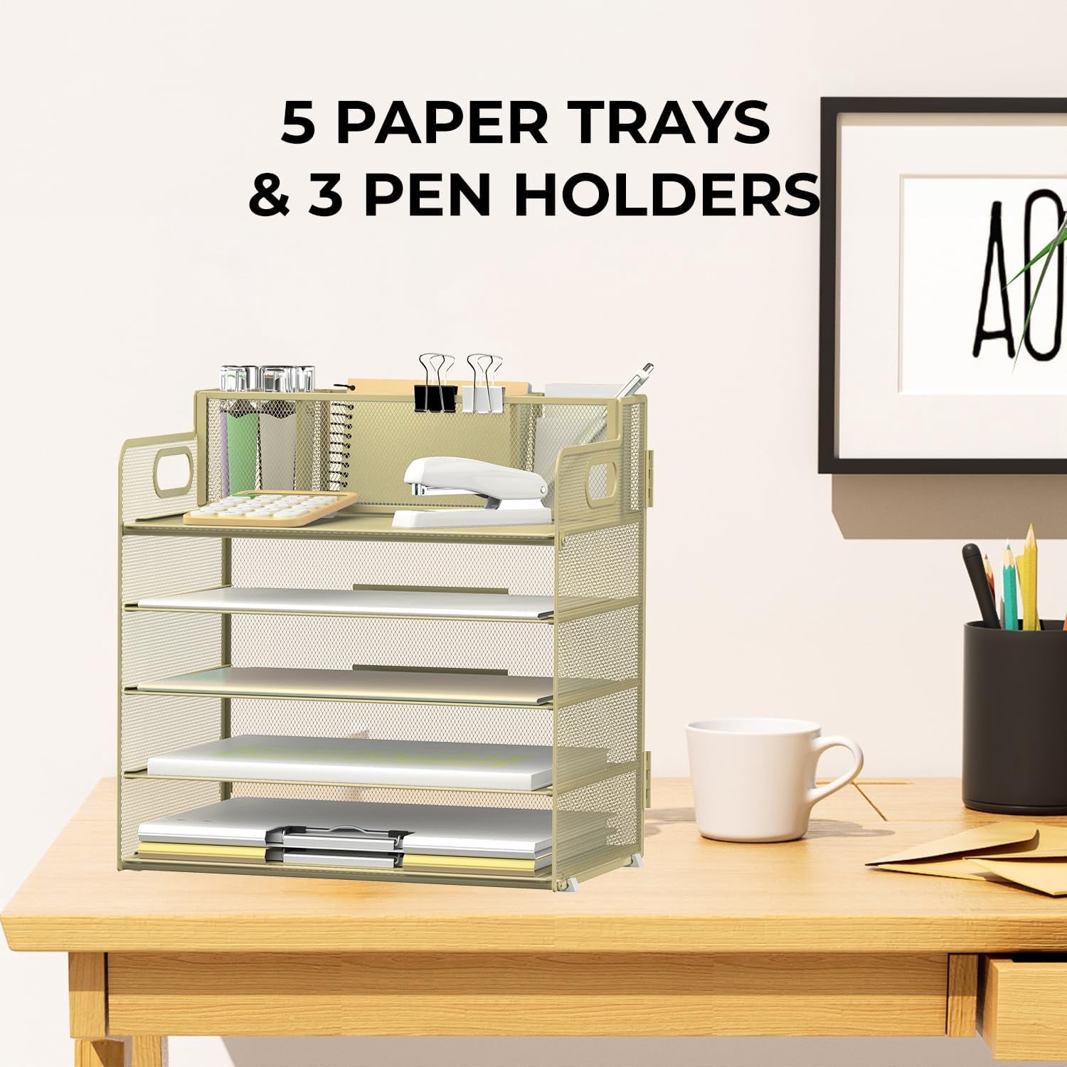 INTIGE 5-Tier Desk Organizer with 3 Pen Holders, Letter Paper Tray, File Holder with Handle