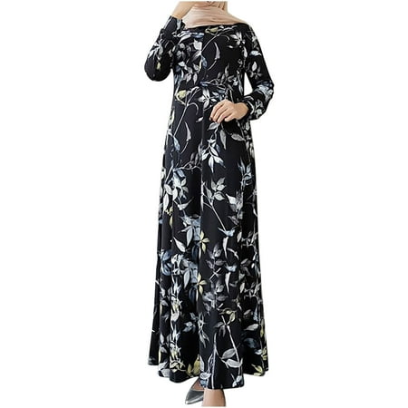 

Dadaria Fall Dress for Women 2022 Round Neck Print Loose Long Sleeve Ankle Length Long Black XL Female