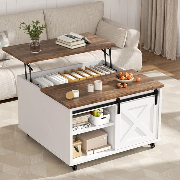 Walsunny Lift Top Coffee Table with Hidden Storage, Farmhouse Coffee Table with Adjustable Storage Shelves & Wheels White